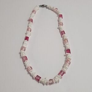 Puka Shell Confetti Glitter Sparkle Necklace Barrel Clasp Pink White Womens Girl
